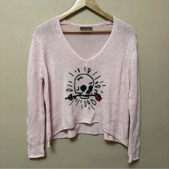 Wooden Ships Sweaters - Wooden Ships Paulo Buendia Skull and Red Rose Light Knit Pink Sweater Size S / M